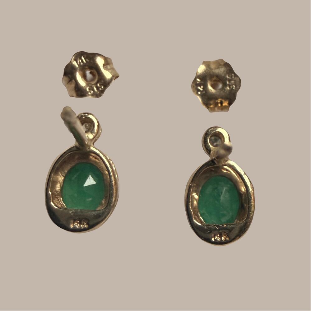 Vintage 14k Solid Gold Natural Diamond and Emerald Earrings - Picture 4 of 4